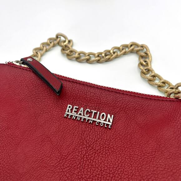 KENNETH COLE REACTION Pebbled Faux Leather Gold Chainlink Shoulder Bag (Red) - Picture 10 of 13